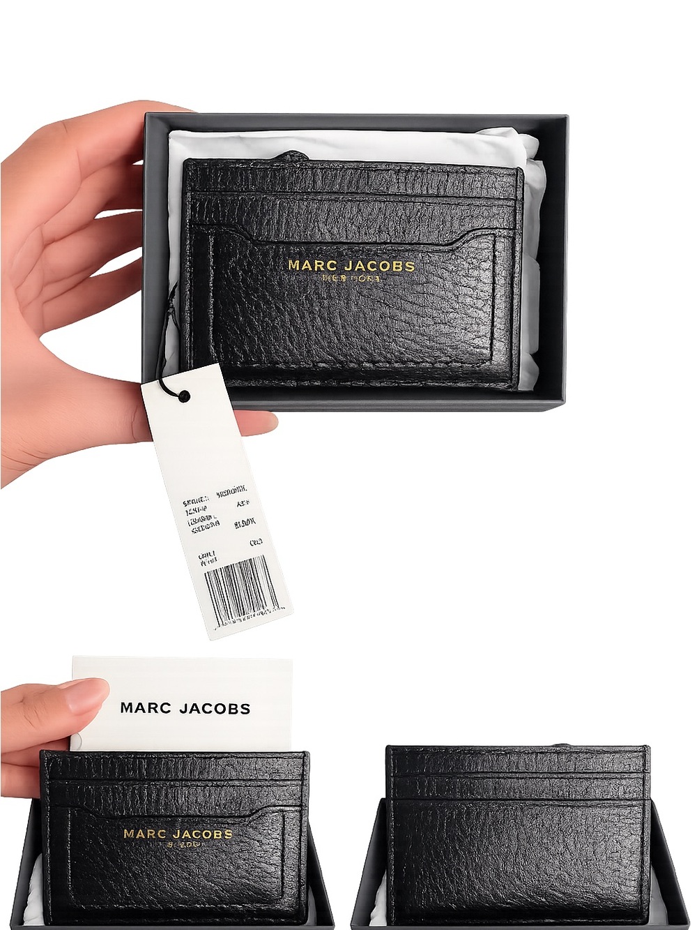 Marc Jacobs Black Textured Leather Card Holder with Gold Logo